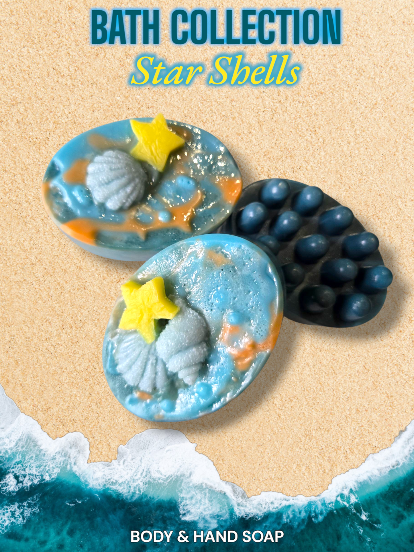 Star Shells Bar Soap with Cocoa, Shea, and Mango Butter in ocean-inspired design.
