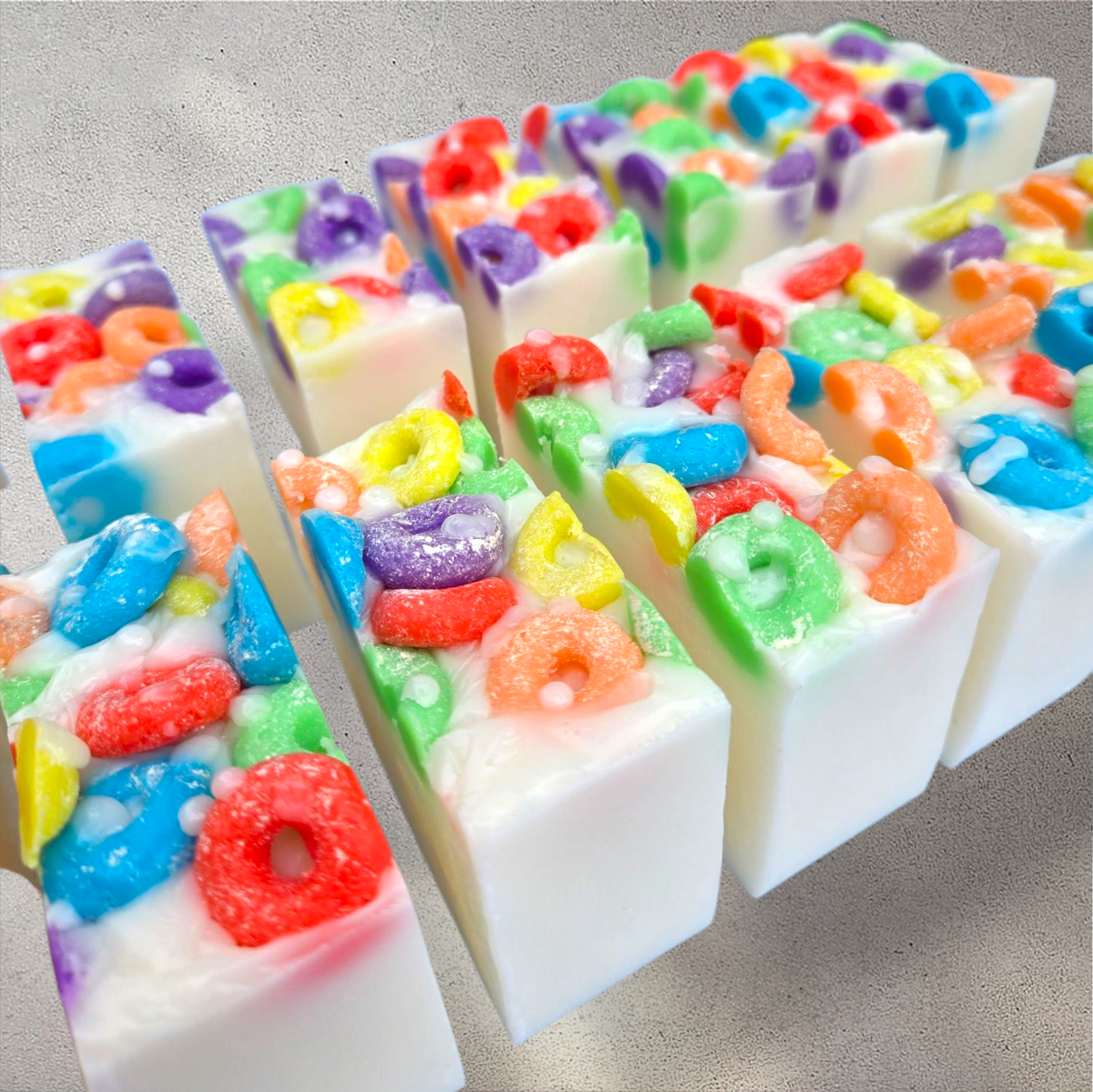 Frooty Loops Bar Soap with colorful cereal-inspired designs.