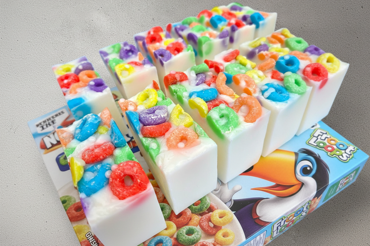 Frooty Loops Bar Soap with colorful cereal-inspired designs.