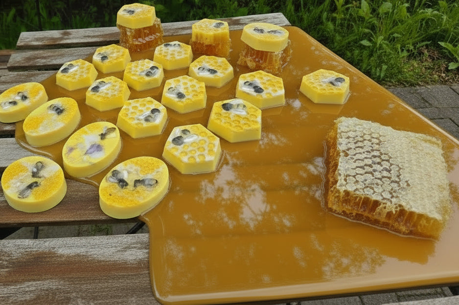 Tumeric Kojic Honey Bar , featuring hexagonal and oval shapes serving you.