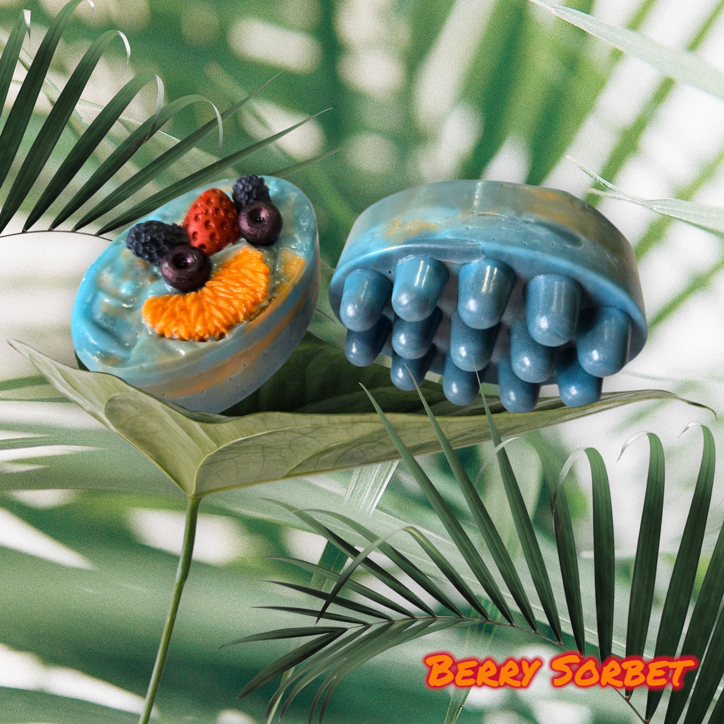 Berry Sorbet Soap Bar with shea, mango, and cocoa butter in a tropical setting.