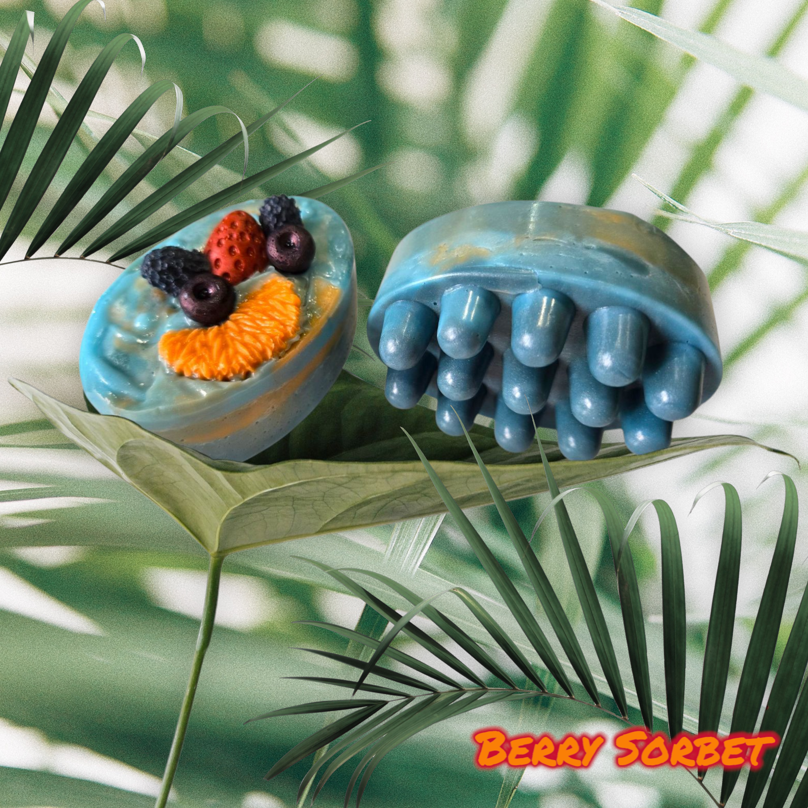 Berry Sorbet Soap Bar with shea, mango, and cocoa butter in a tropical setting.