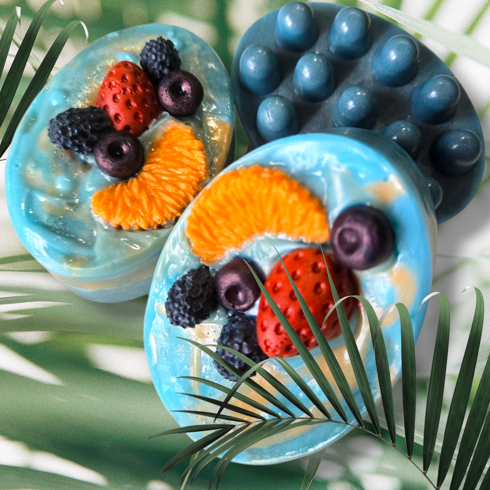 Berry Sorbet Soap Bar with colorful fruit design on a tropical background.