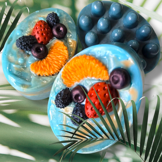 Berry Sorbet Soap Bar with colorful fruit design on a tropical background.