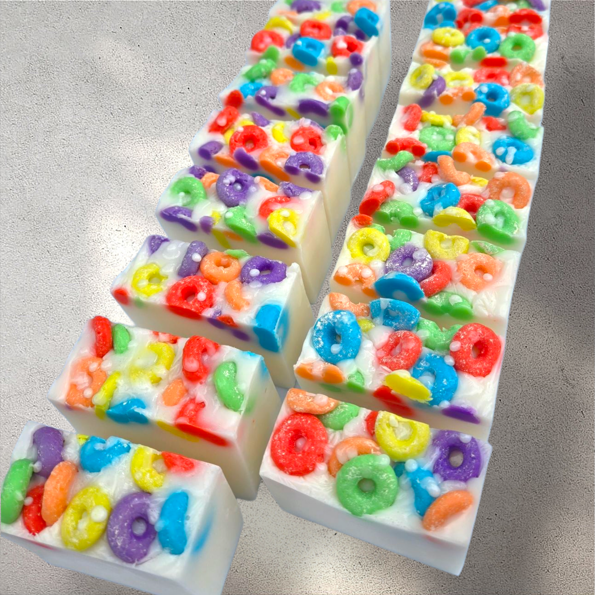 Frooty Loops Bar Soap decorated with colorful cereal-like loops.