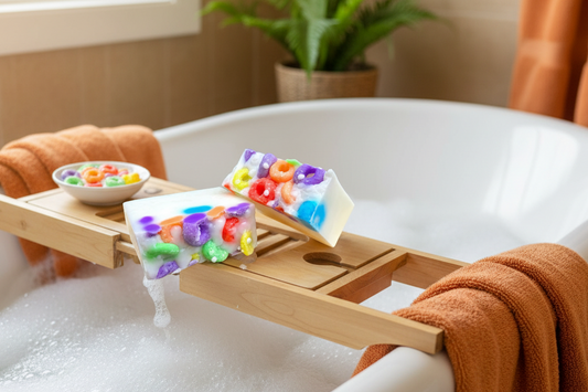 Frooty Loops Bar Soap with colorful cereal-inspired design on a wooden surface.