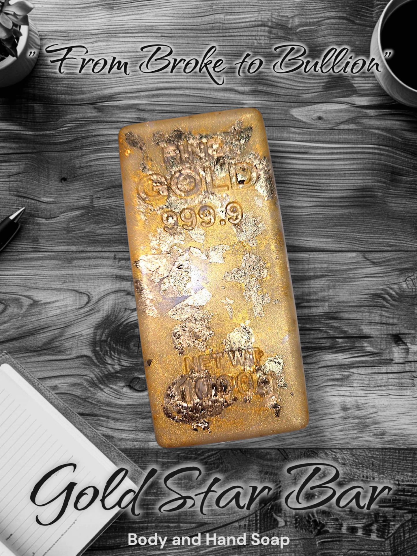 Gold Star Bar soap with luxurious vegan formula and manly scent on a wooden background.