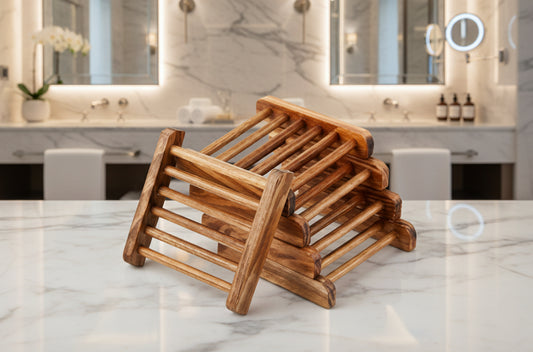 Soap rack with elevated design for better drainage and hygiene.